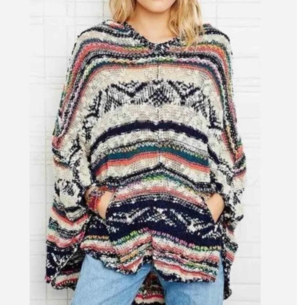 Free People Bubble Tea Knit Hoodie Poncho Boho Chunky Multicolor Sweater XS/S